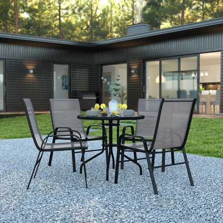 FLASH FURNITURE 5PC Patio Set-31.5RD Glass Table, 4 Gray Chairs TLH-0702303C-GY-GG